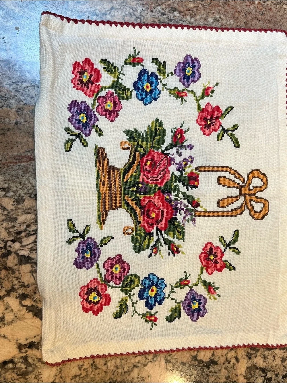Floral Basket Embroidered Throw Pillow Cover or Wall Hanging